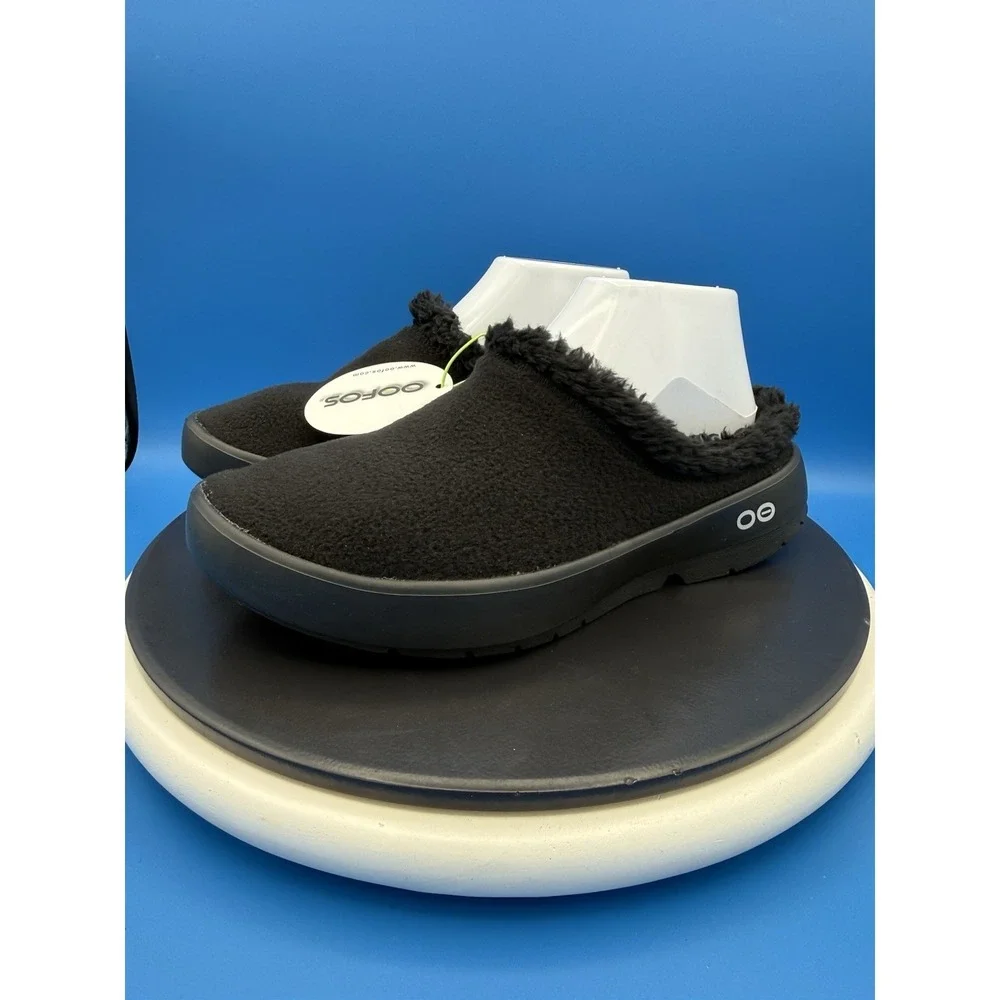 Oofos Oocoozie Mule Mens Size 8 Black Sherpa Comfort Recovery Slip‎ On Shoes